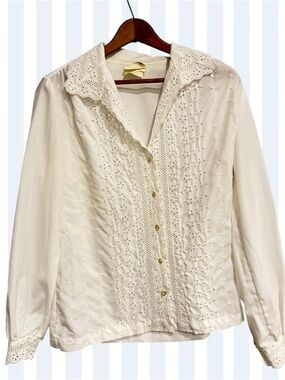 VTG 70s Lee Mar Off-White Lace Eyelet Button-Down Blouse Long Sleeve Cottagecore